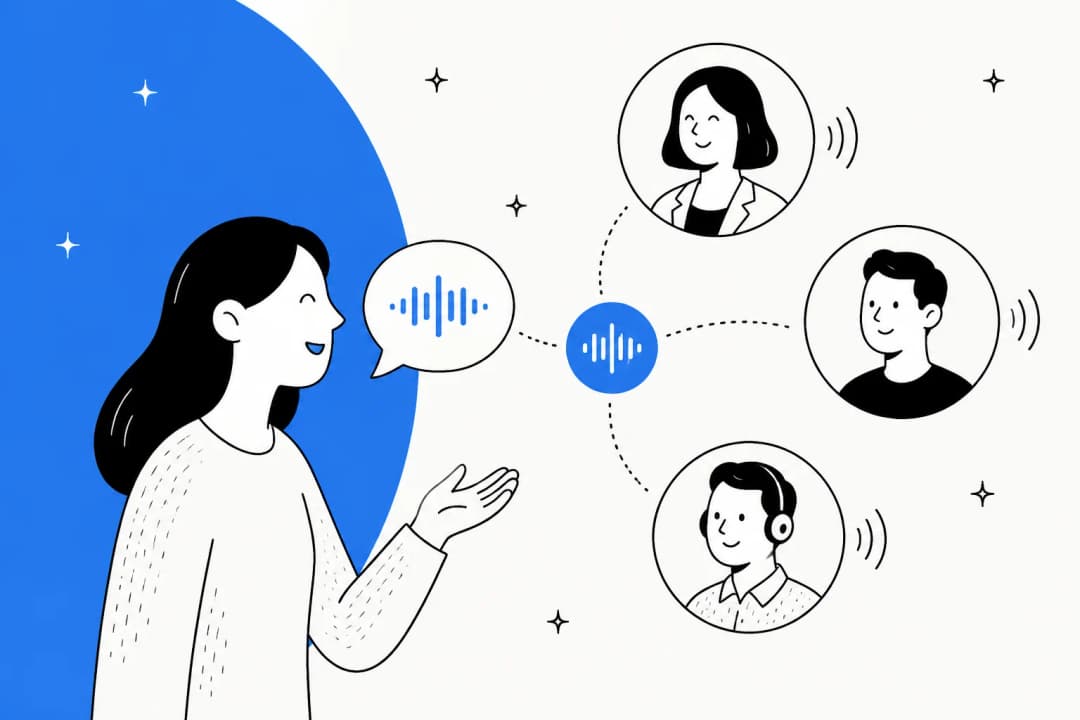 Illustration of a person talking to a live AI voice agent connected to several avatar faces