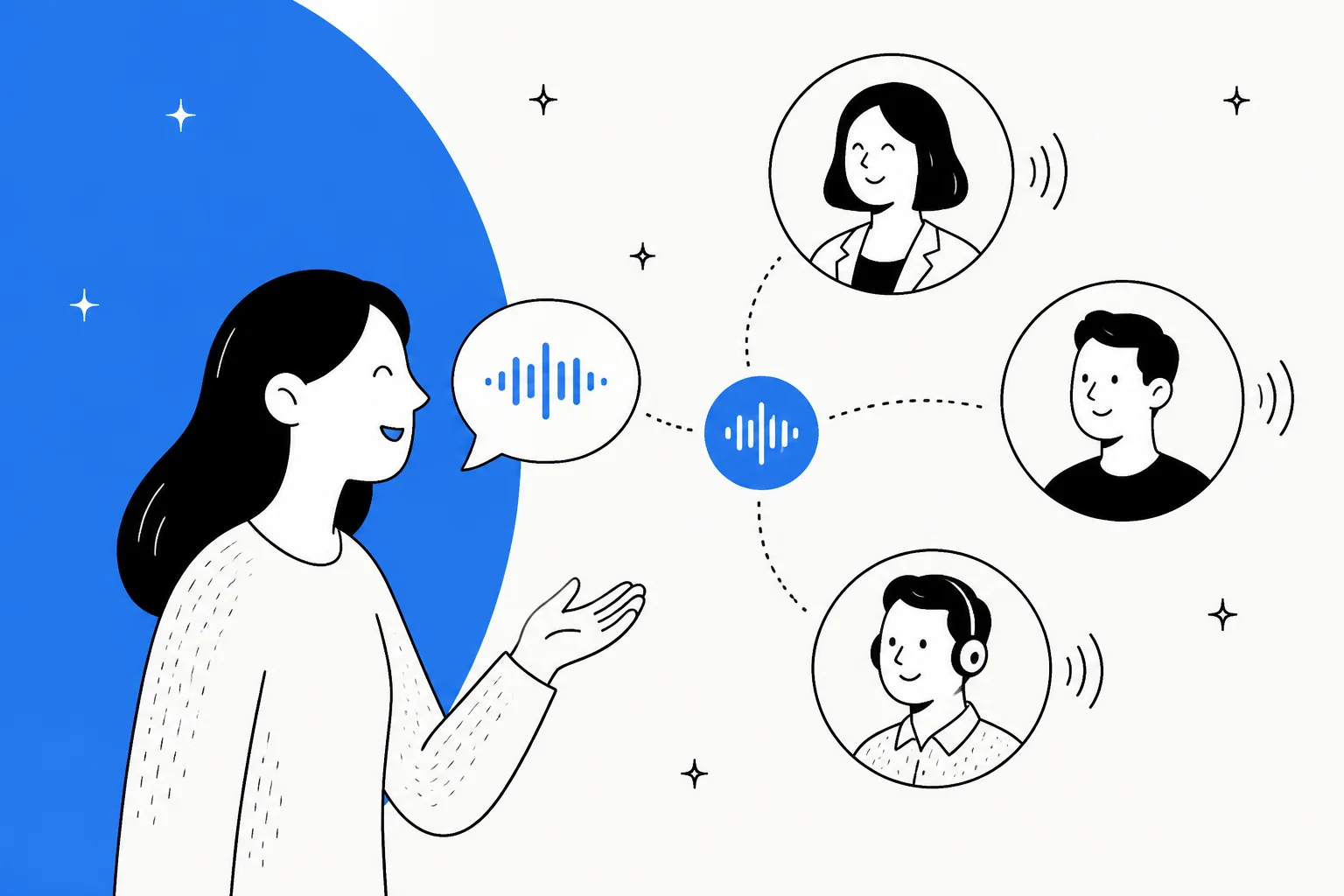 Illustration of a person talking to a live AI voice agent connected to several avatar faces