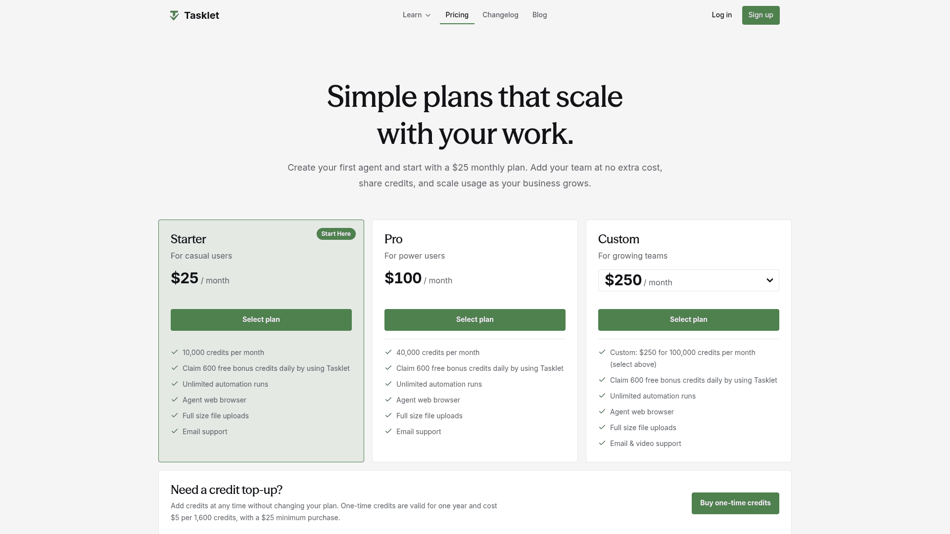 The Tasklet pricing page, showing its three credit-based plans with no free tier and the 600 daily bonus credits, as taken from Tasklet