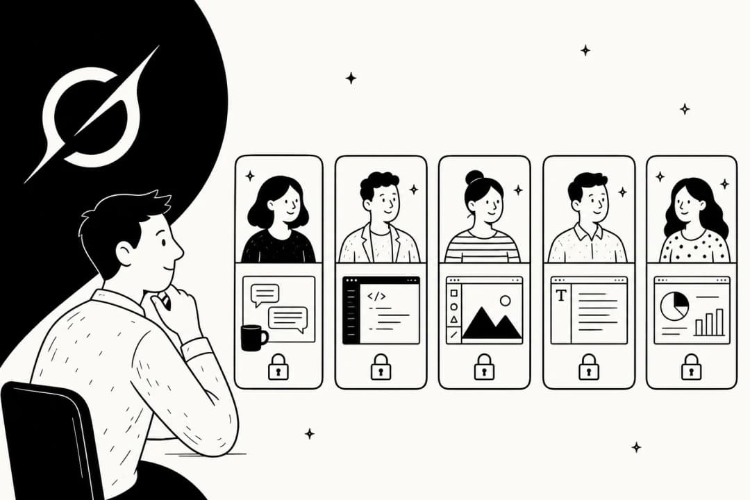 A person weighing up a row of AI agent workers, each one sitting in its own separately locked workspace
