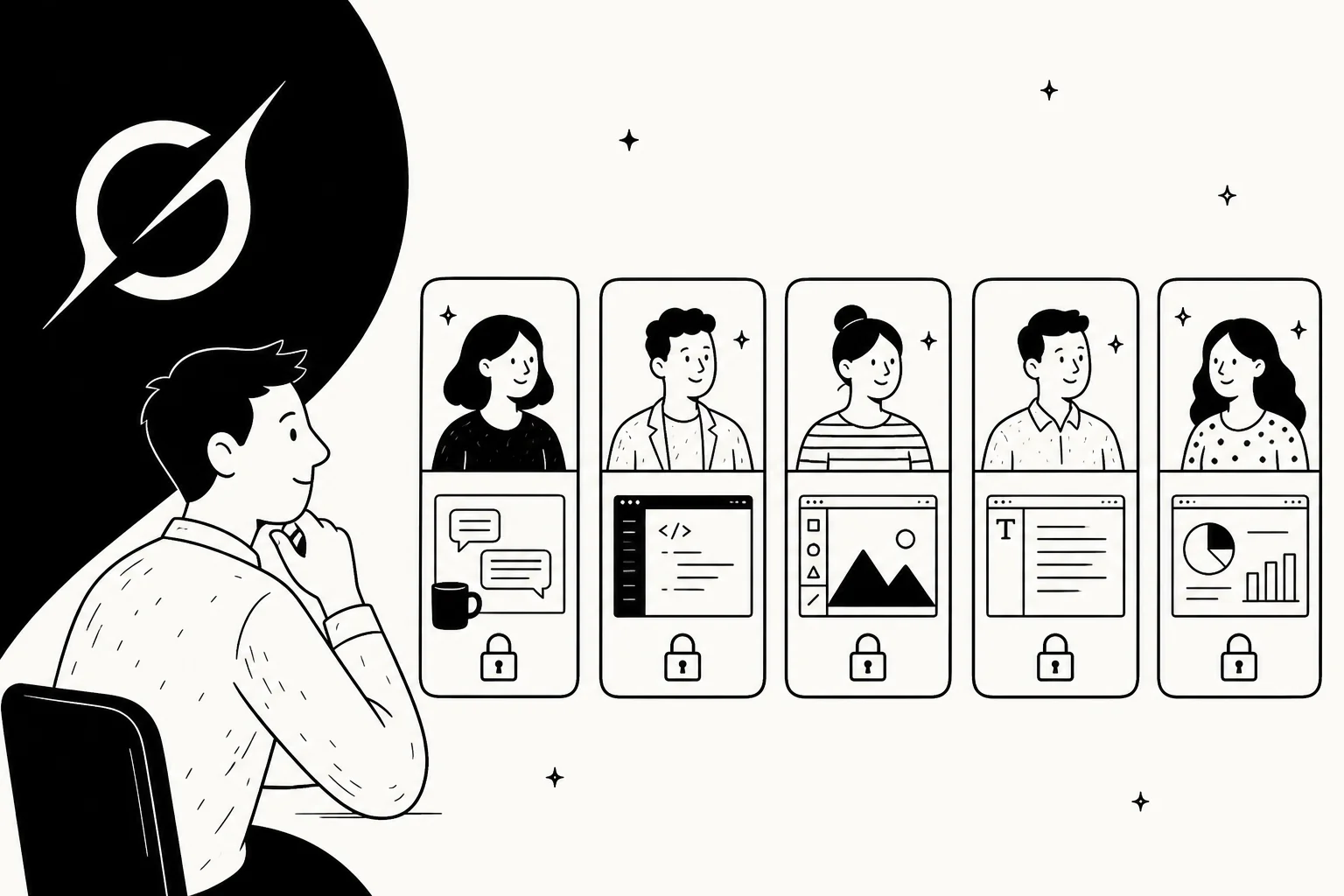 A person weighing up a row of AI agent workers, each one sitting in its own separately locked workspace