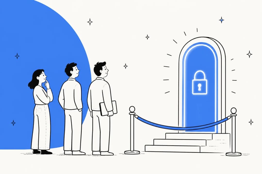 Hand-drawn illustration of three people waiting behind a velvet rope in front of a locked glowing door, for a guide to Google's Gemini 4 Argon