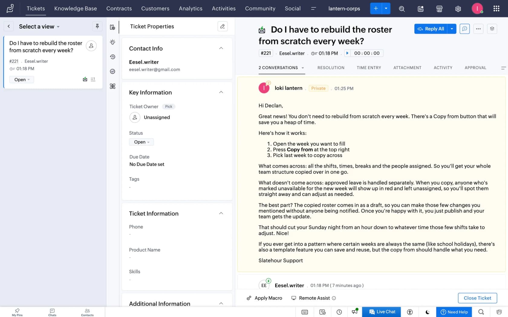 A Zoho Desk ticket asking whether the roster has to be rebuilt every week, with eesel's drafted answer sitting as a private comment for a teammate to review and send, as shown in eesel's docs