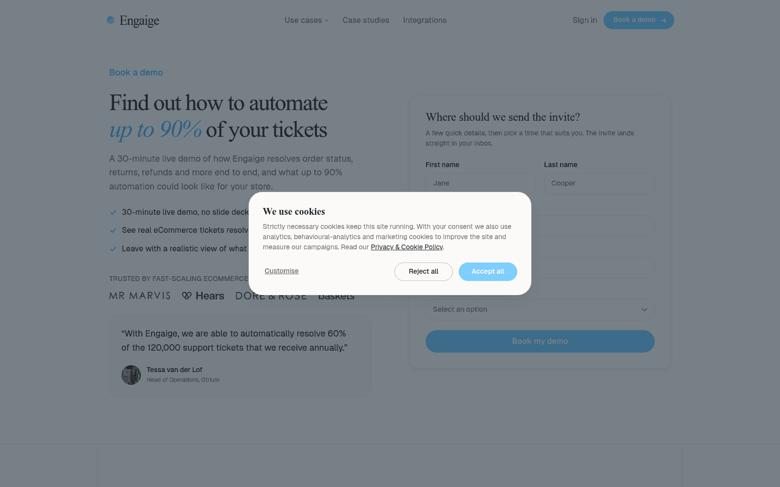 Engaige's book-a-demo page, headlined find out how to automate up to 90% of your tickets, with a name-and-email form and a cookie consent dialogue over it