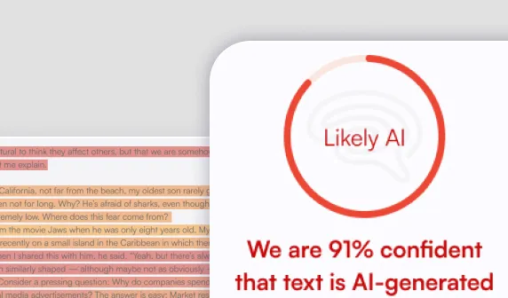 Originality.ai's AI checker returning a 91%-confident AI verdict with sentence-level highlighting, as taken from the Originality.ai pricing page