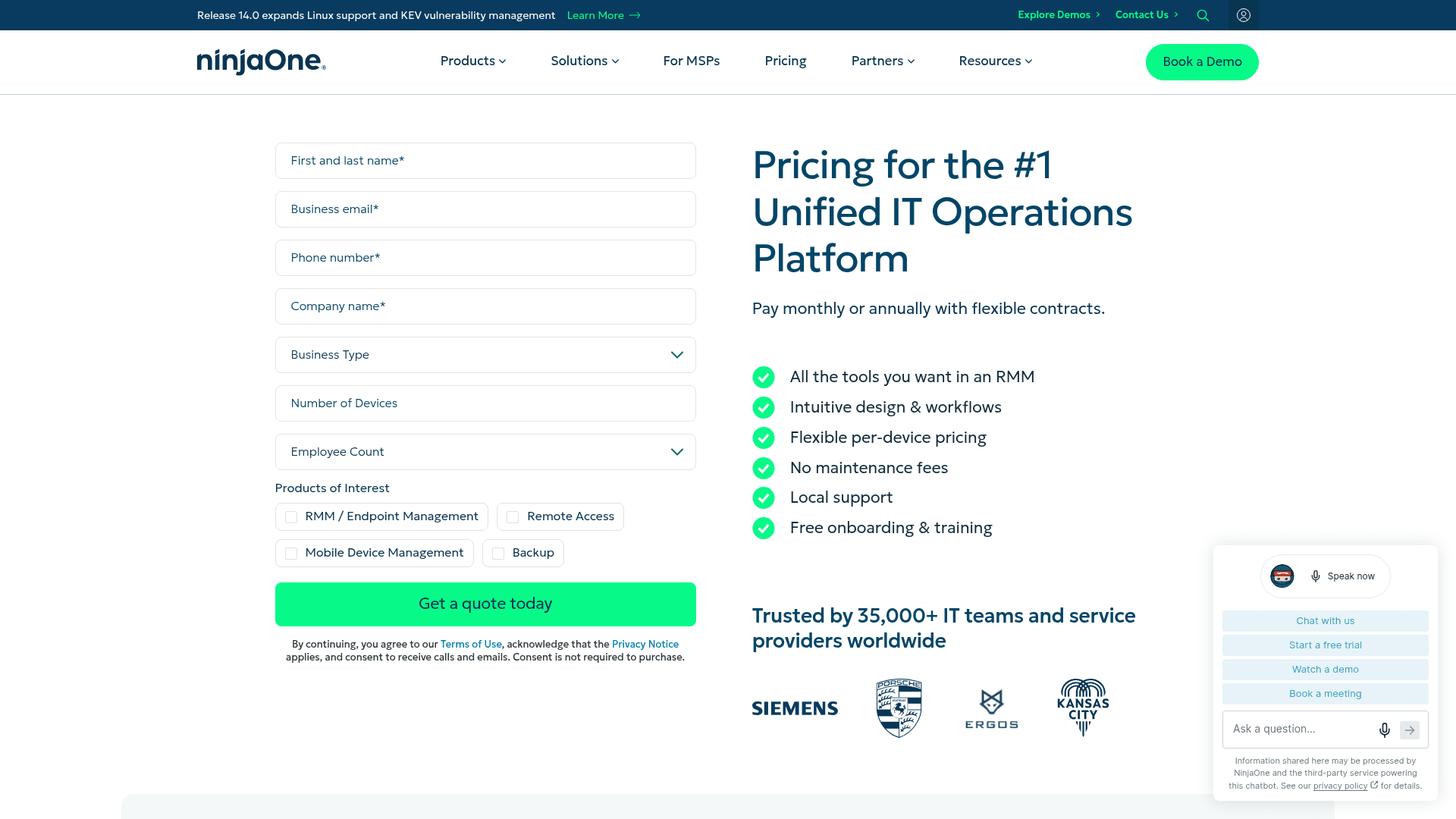 NinjaOne pricing page, as published on NinjaOne's own site