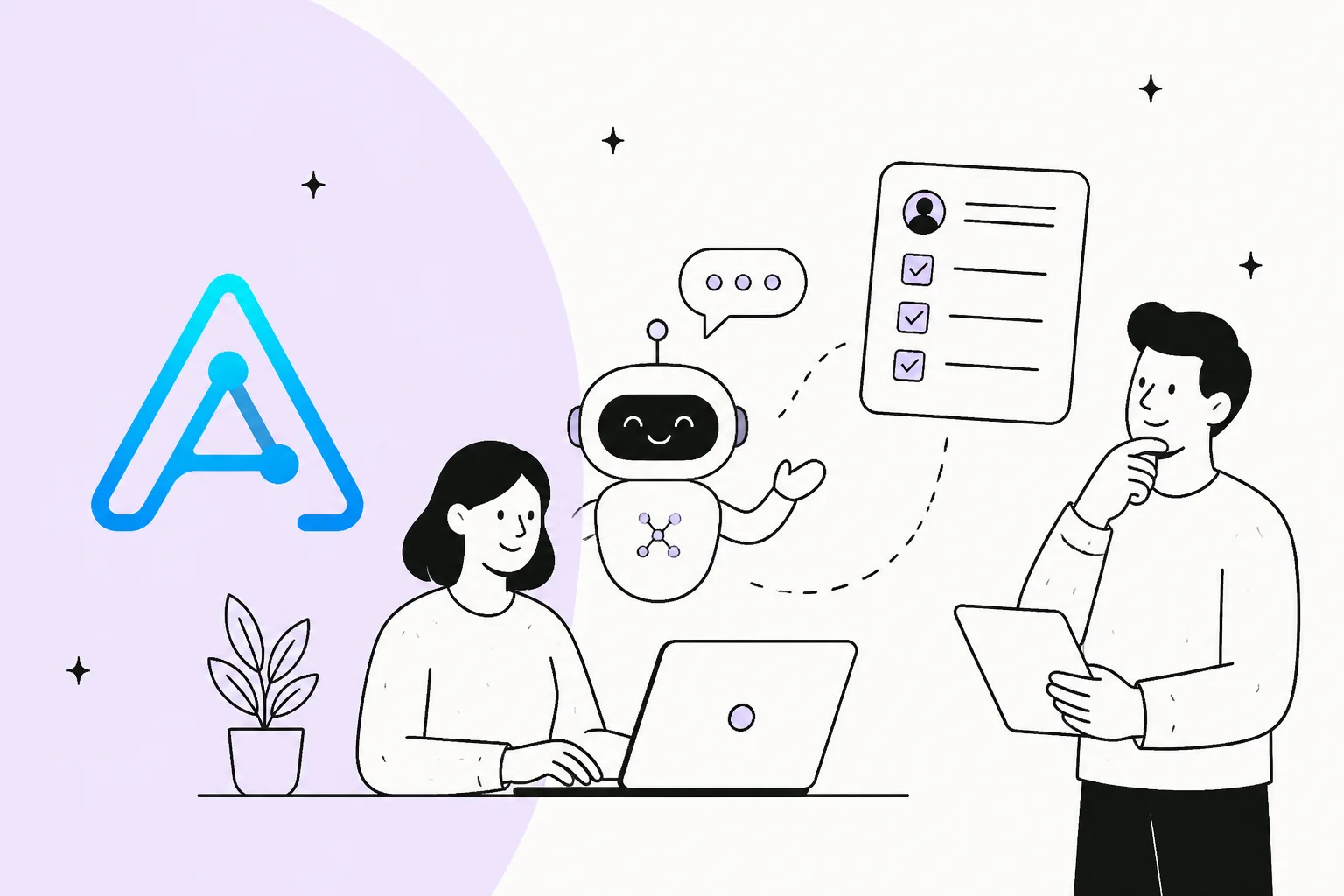 Ago AI review illustration showing an embedded support agent working alongside a person
