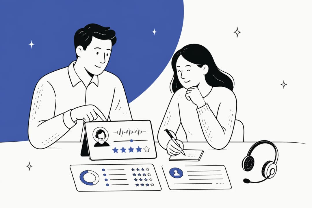 Hand-drawn illustration of a team lead and a support agent reviewing a scored conversation on a tablet, with a scorecard, coaching notes and a headset on the desk