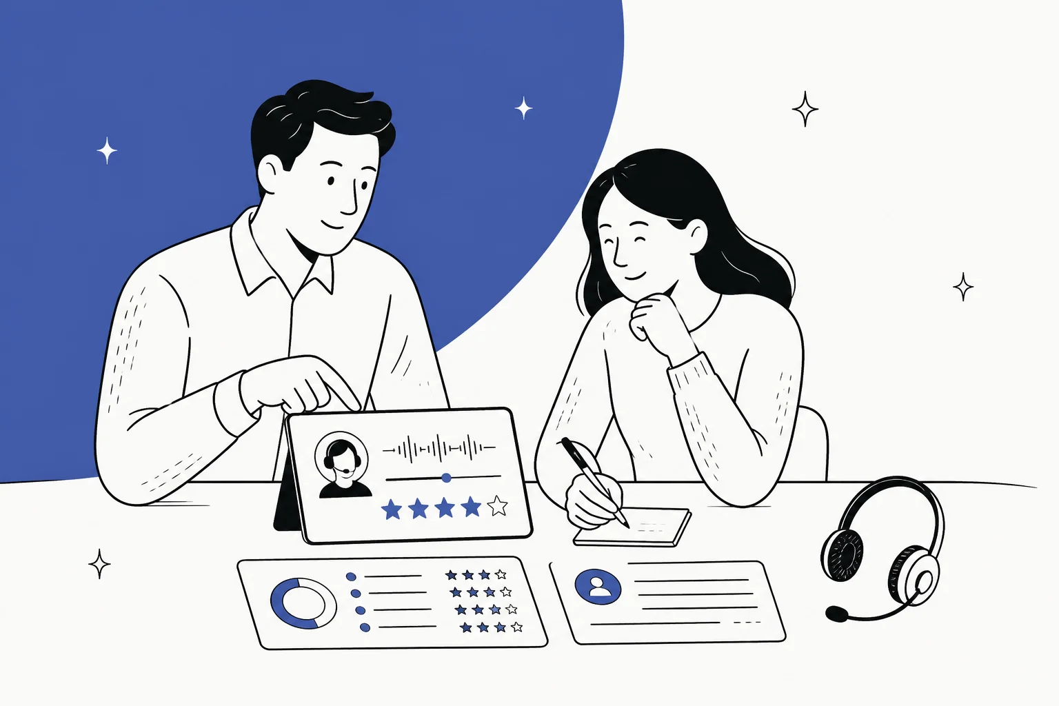 Hand-drawn illustration of a team lead and a support agent reviewing a scored conversation on a tablet, with a scorecard, coaching notes and a headset on the desk
