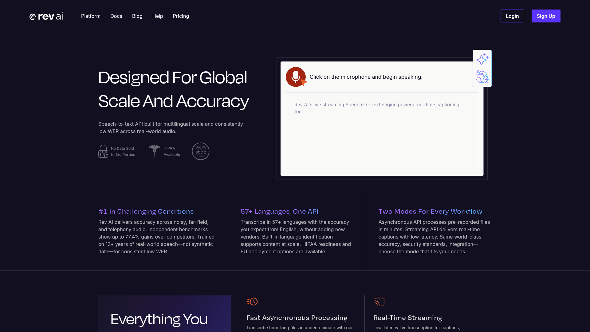 The Rev AI speech-to-text page highlighting global scale and accuracy, as taken from Rev AI