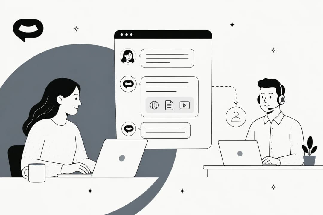 Hand-drawn illustration of a website visitor chatting with a SiteSpeak AI widget that answers from web pages, files and videos, with a dashed handoff arrow to a support agent wearing a headset