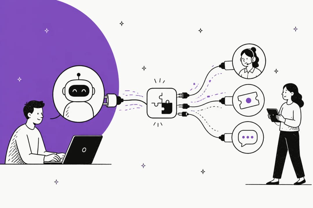 Illustration of an AI agent connecting through an MCP plug to customer support tools