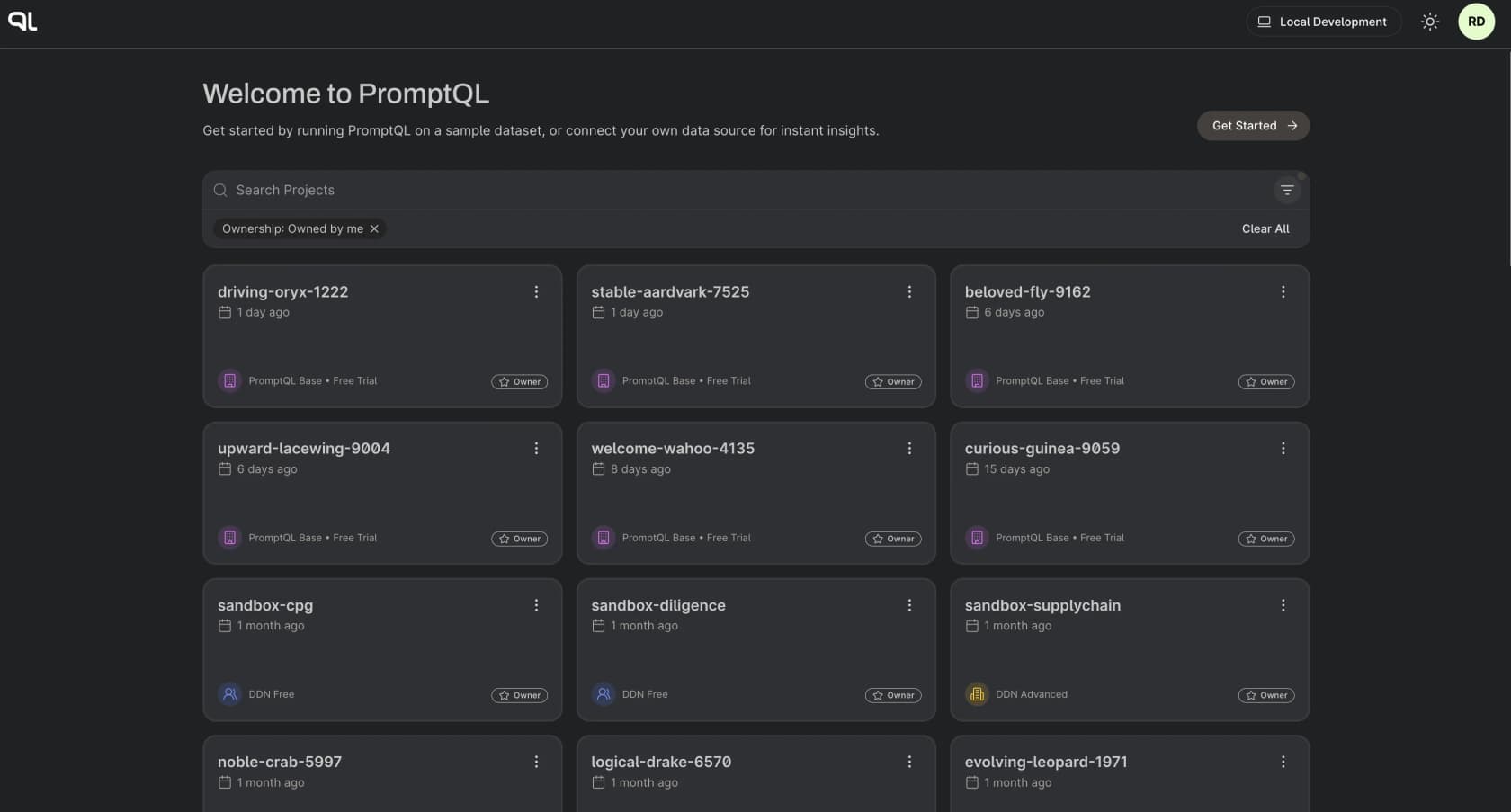 The PromptQL Cloud Console listing projects across sandboxes and free trials, as taken from PromptQL