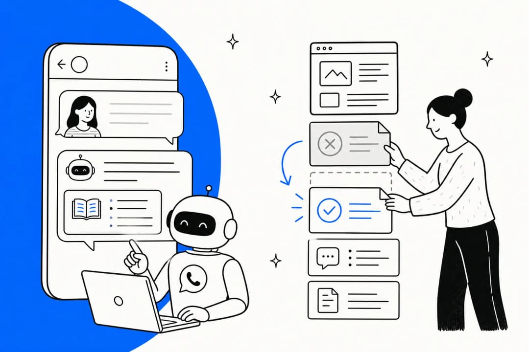 Hand-drawn illustration of a friendly WhatsApp bot answering from a help article while a person swaps an outdated document in a stack of knowledge cards for a fresh one