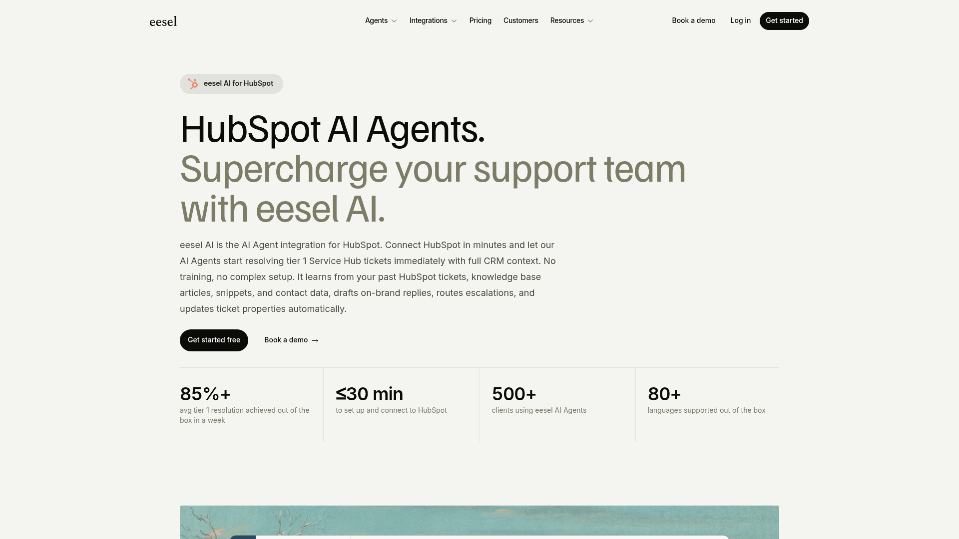 eesel's HubSpot integration page, showing the AI agent resolving Service Hub tickets with full CRM context