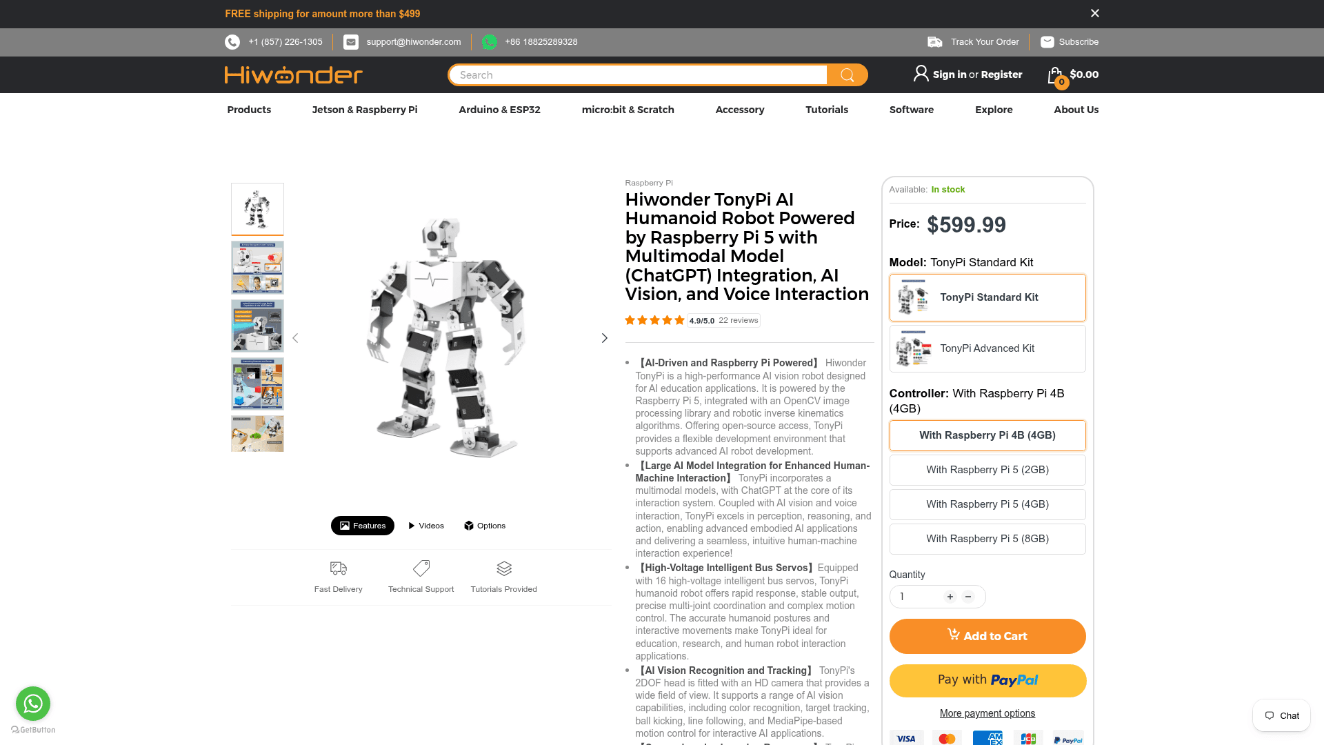 The Hiwonder TonyPi AI humanoid robot product page, powered by Raspberry Pi 5