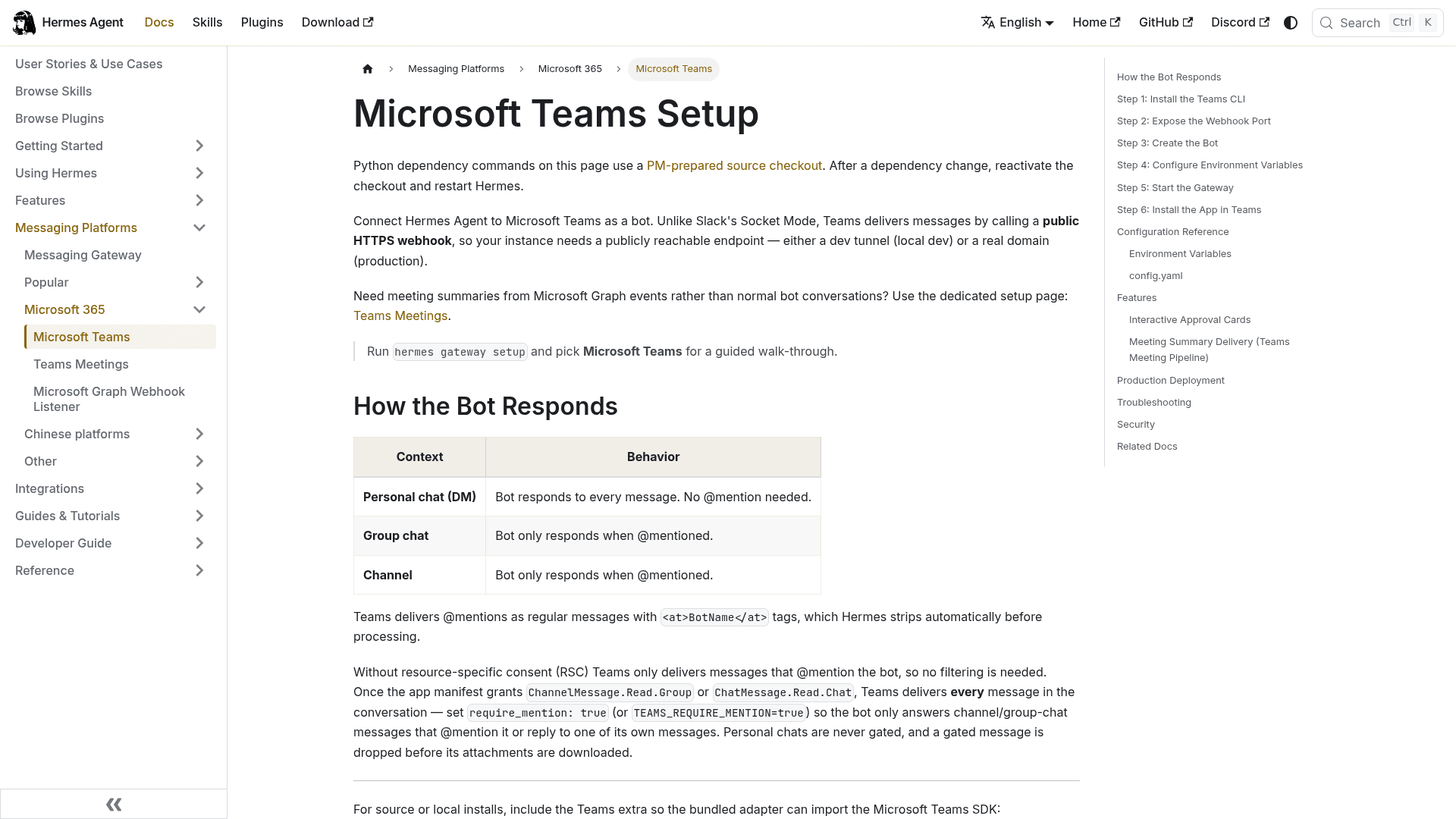 Hermes Agent's Microsoft Teams setup docs, showing that the bot answers every message in a personal chat but only @mentions in group chats and channels, as taken from Hermes docs
