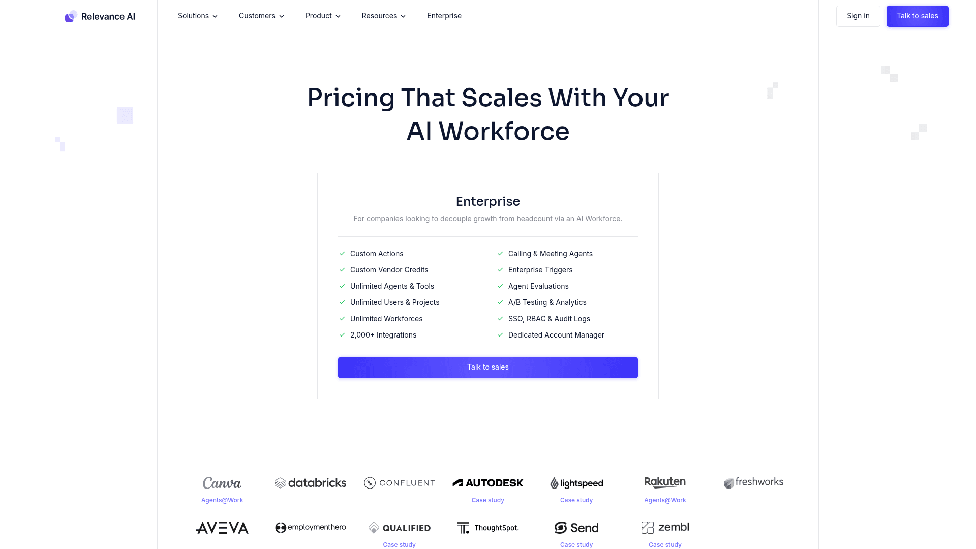 Relevance AI pricing page showing a single Enterprise card with feature checkmarks and a Talk to sales button, as taken from Relevance AI