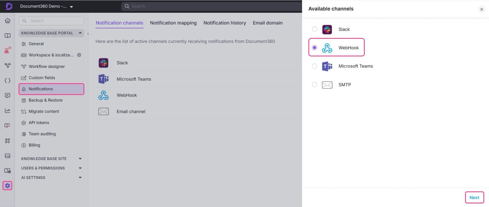 Document360's notification channel picker with Webhook selected as a channel type, as taken from Document360's docs