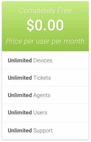 The historic Spiceworks pricing card promising unlimited devices, tickets, agents and users at zero cost, as taken from Spiceworks