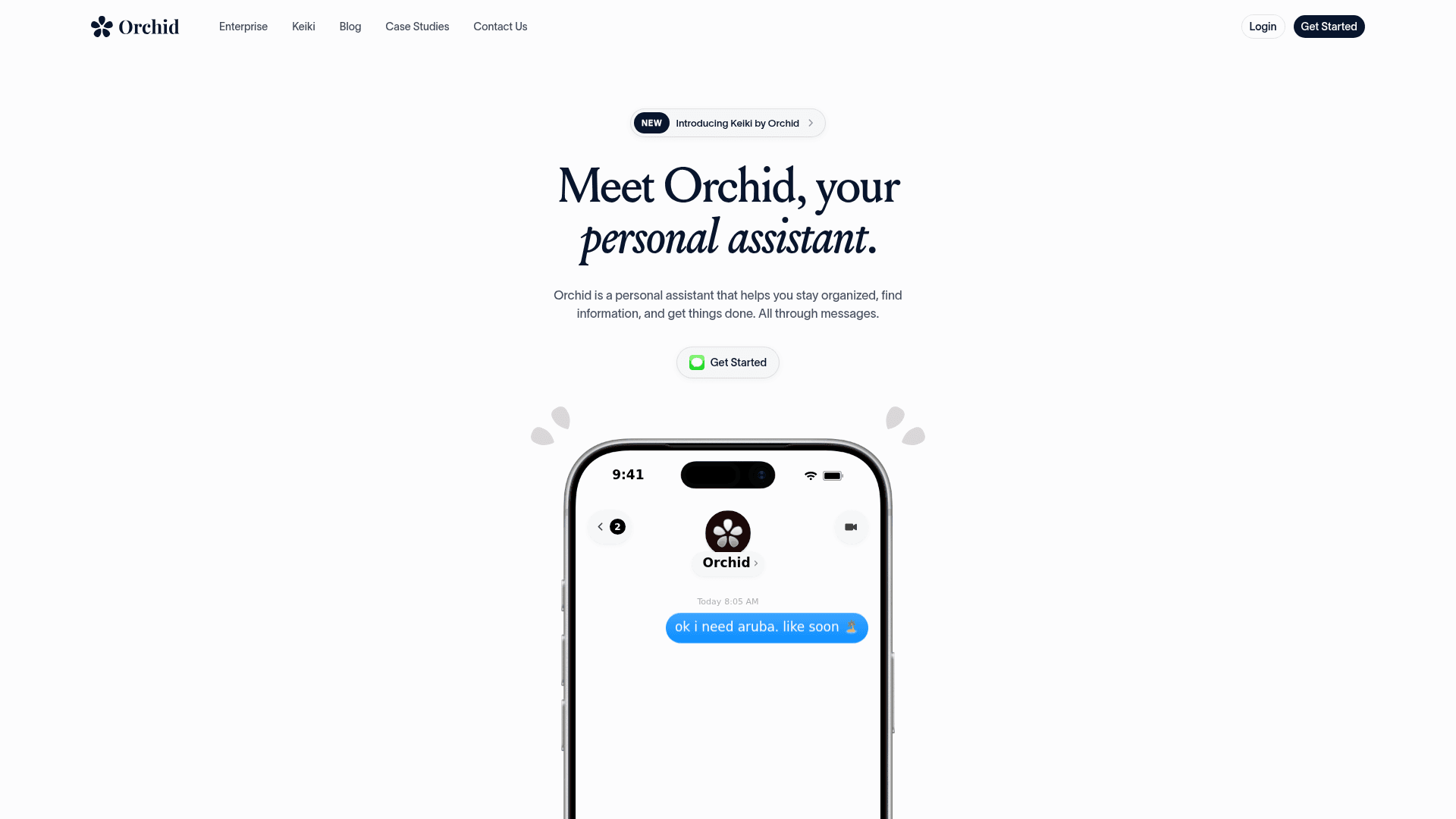 Orchid's homepage headlined "Meet Orchid, your personal assistant" with an iMessage phone mockup, as captured from orchid.ai