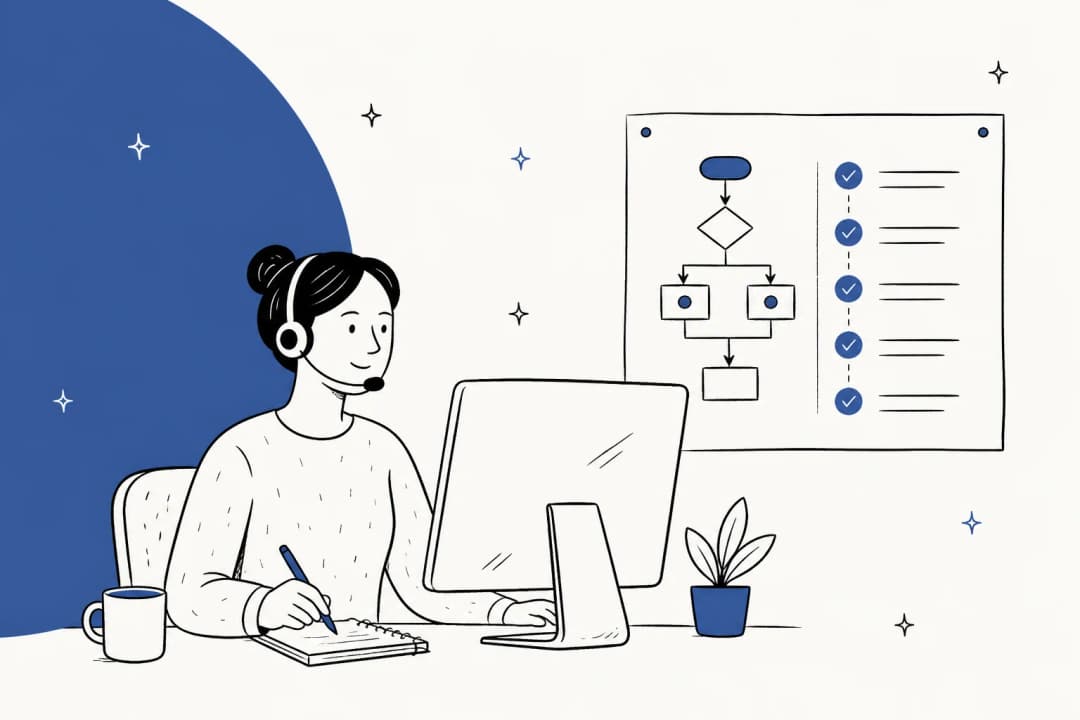 Hand-drawn illustration of a support agent with a headset taking notes at a desk, with a step-by-step checklist and a decision flowchart pinned on the wall beside the monitor