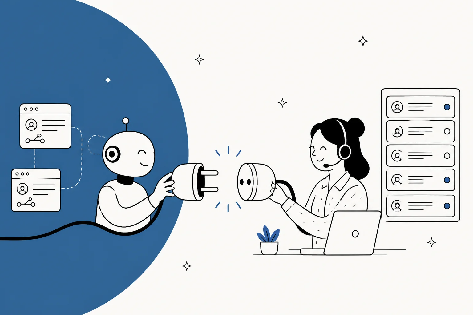 Illustration of an AI agent plugging into a customer support helpdesk ticket queue