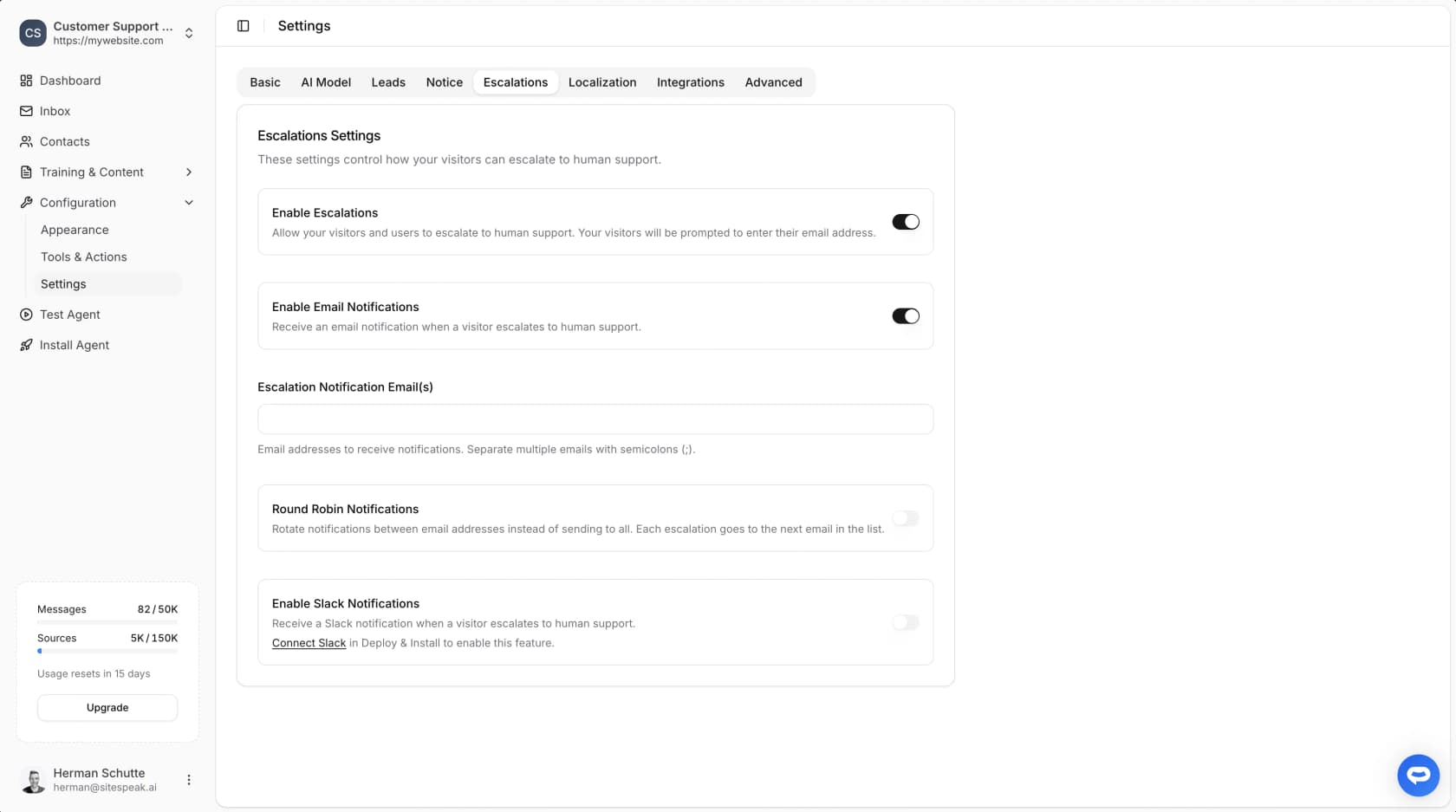 SiteSpeak escalation settings with toggles for escalations, email notifications, round robin and Slack notifications, as taken from the SiteSpeak docs