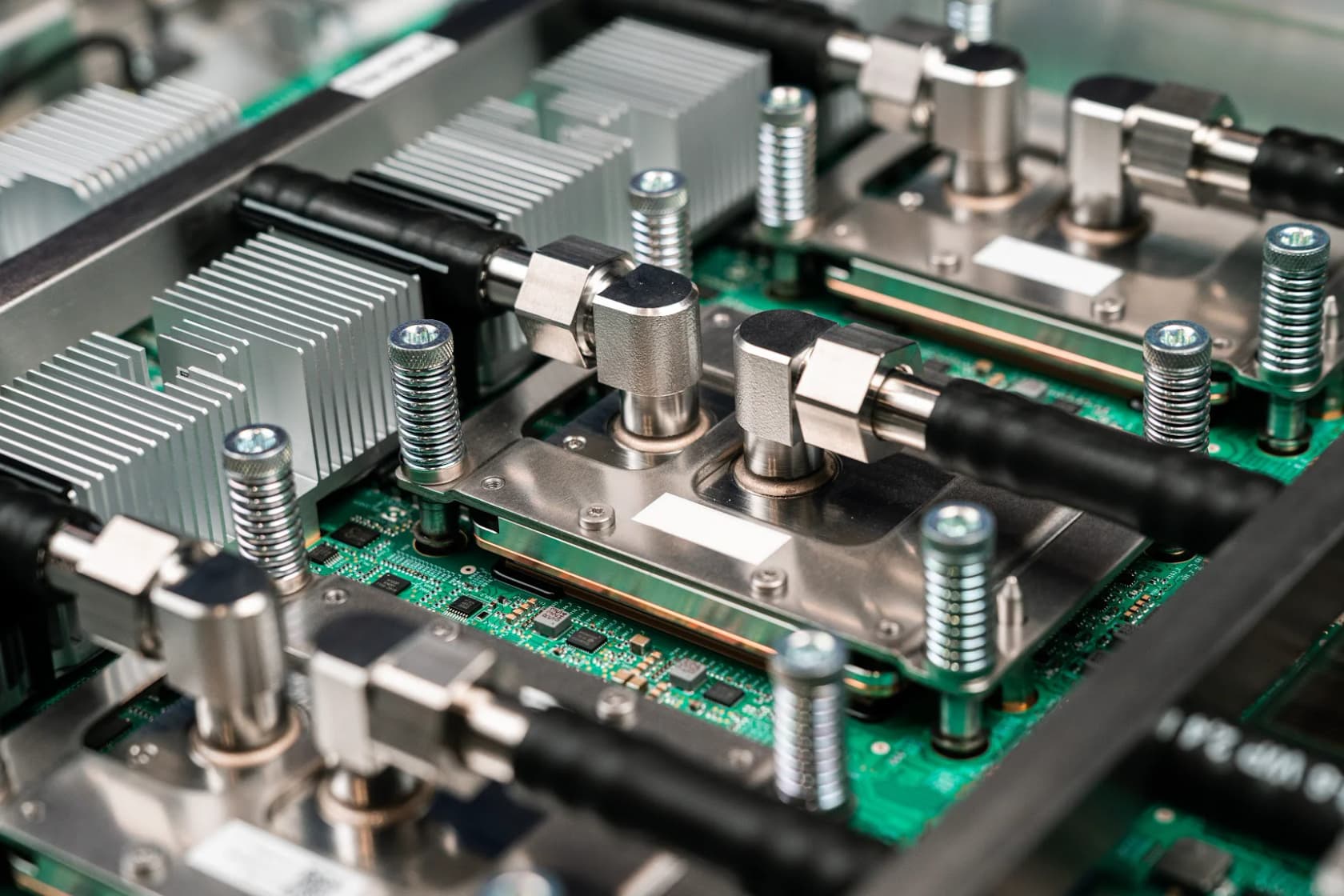 An Ironwood TPU board, three chips connected to liquid cooling, as taken from Google Cloud