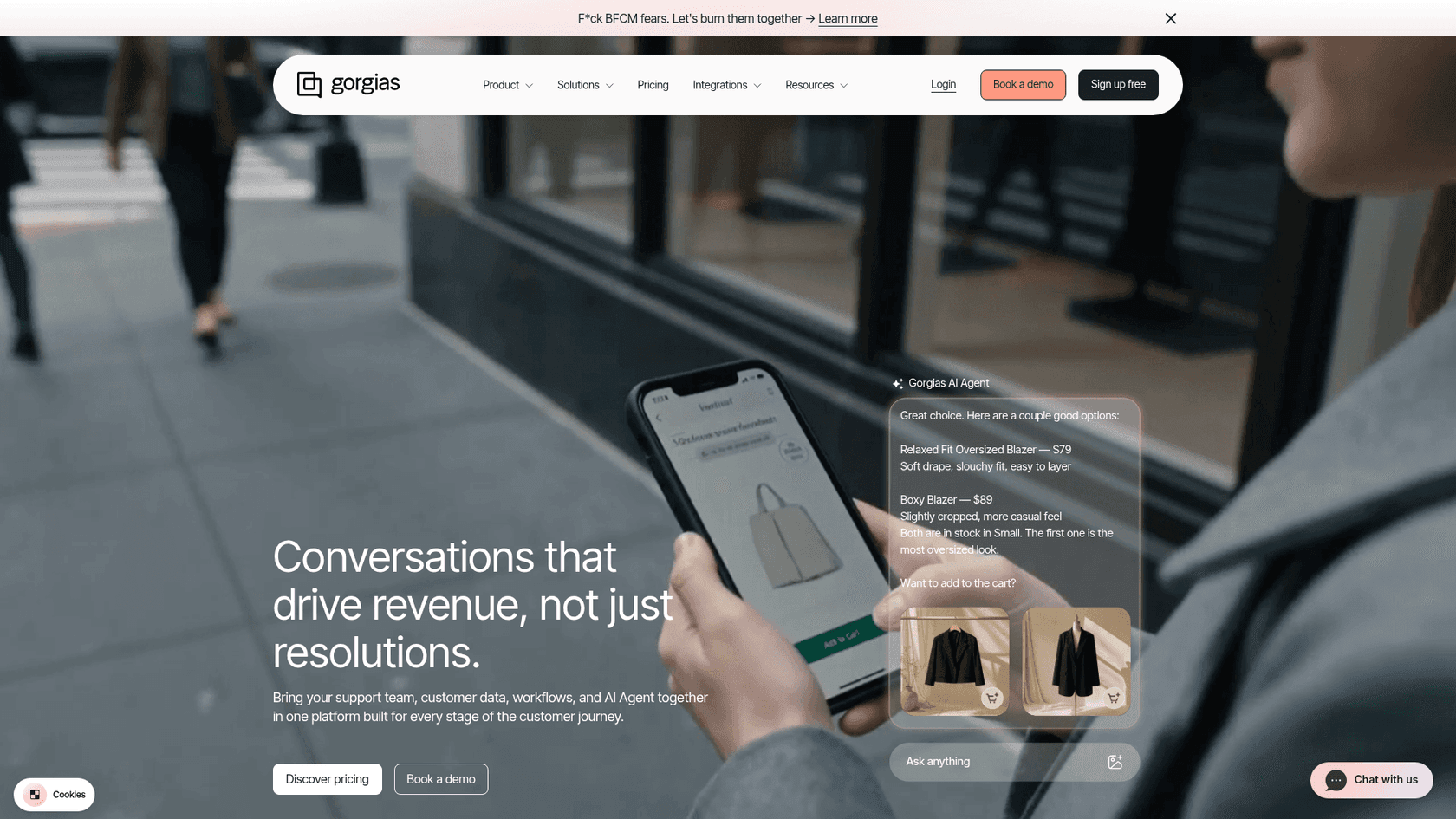 The Gorgias homepage showing its ecommerce helpdesk and AI agent