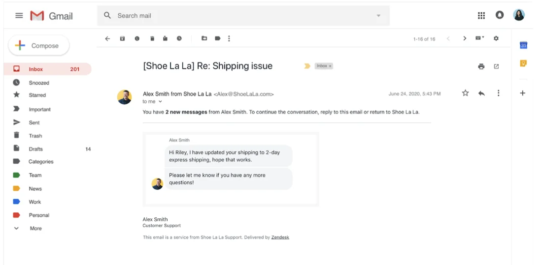 Zendesk continuous conversations email in Gmail telling the customer they have 2 new messages and can reply to the email or return to the site, as taken from Zendesk's help center