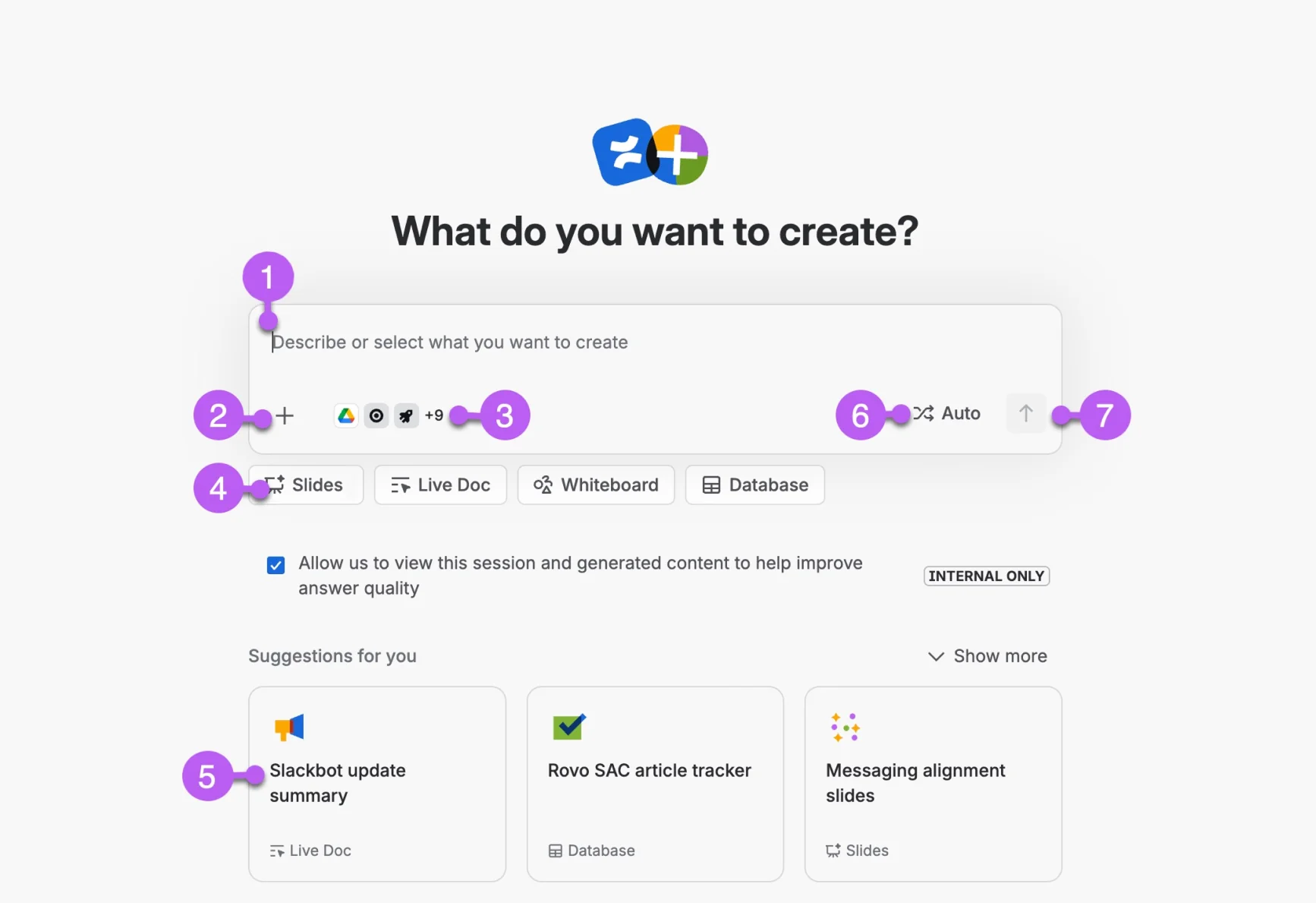 The Create with Rovo screen asking what you want to create, with options for Slides, Live Doc, Whiteboard, and Database, as taken from Atlassian Support
