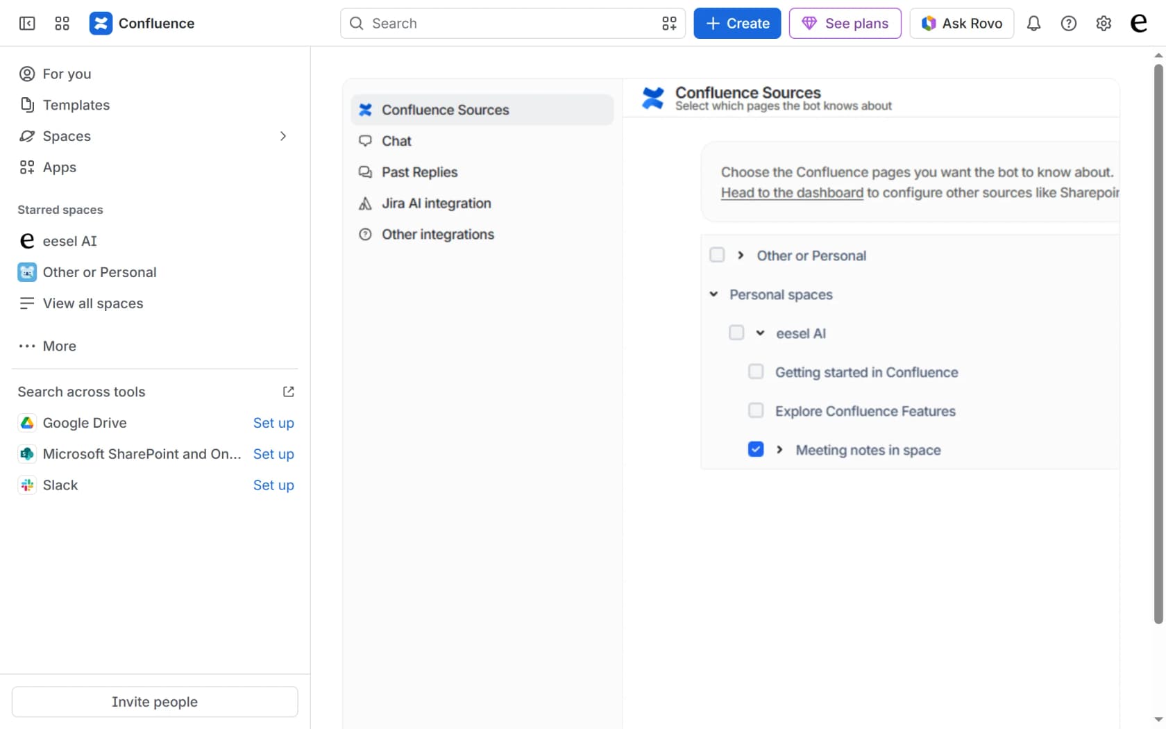 The Confluence Sources picker inside the eesel app, with a tree of spaces and pages and one parent page ticked