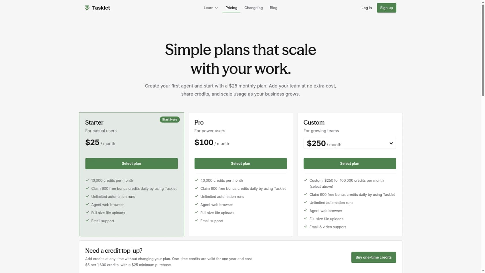 The Tasklet pricing page, showing three credit-based plans with no free tier and 600 daily bonus credits on each, as taken from Tasklet