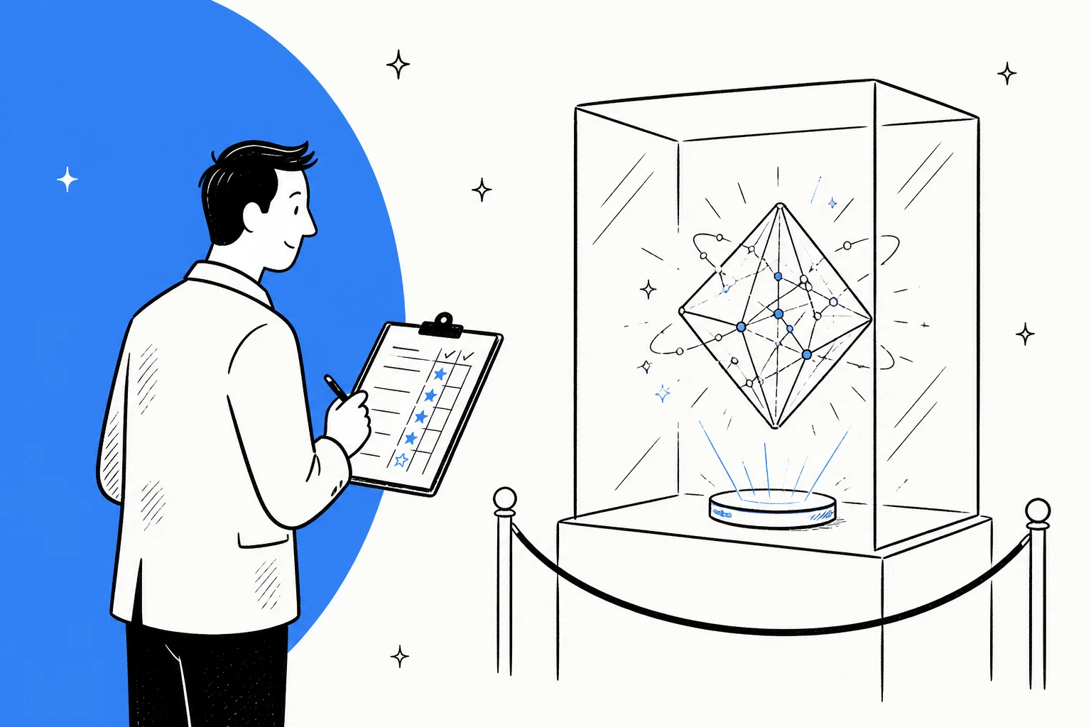 Hand-drawn illustration of a reviewer with a clipboard scorecard studying a glowing crystal model inside a roped-off glass display case, for a Gemini 4 Argon review