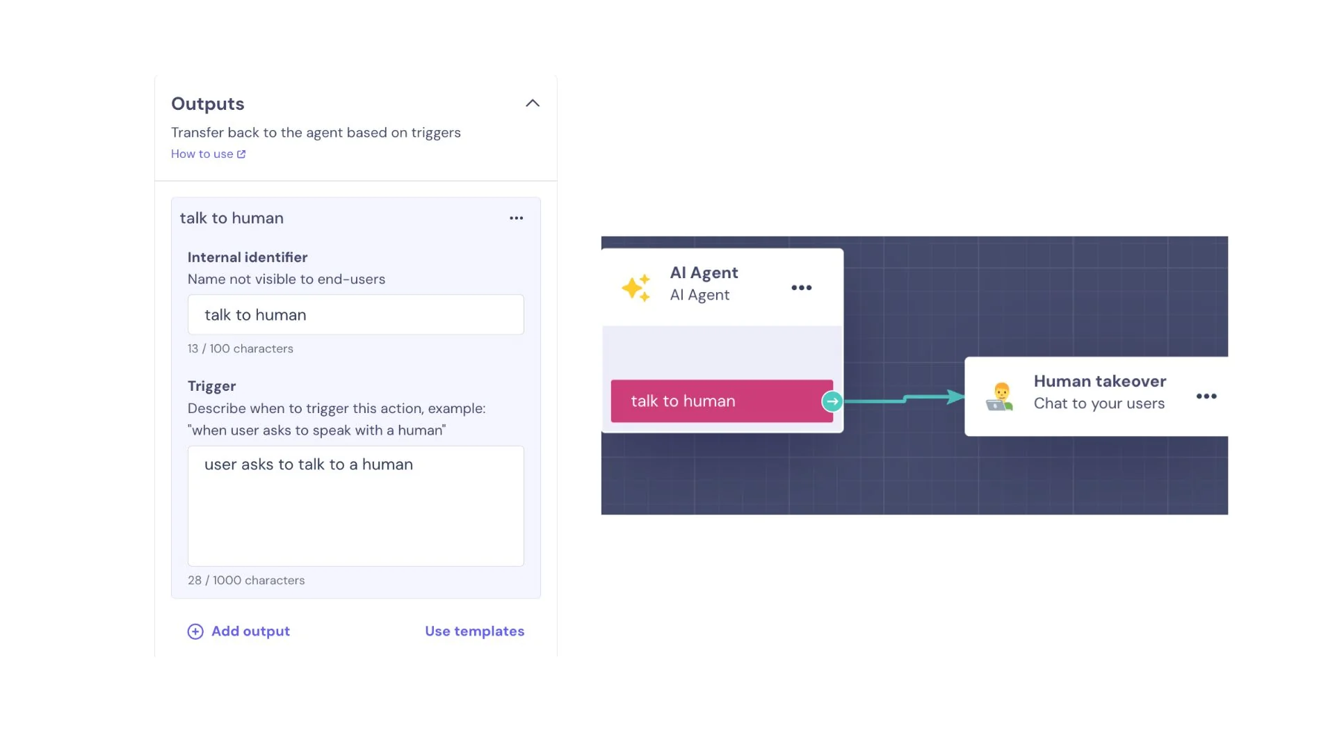 The Outputs panel on a Landbot AI Agent with a talk to human trigger that fires when the user asks to talk to a human, connected on the canvas to a Human takeover block, as taken from the Landbot help center