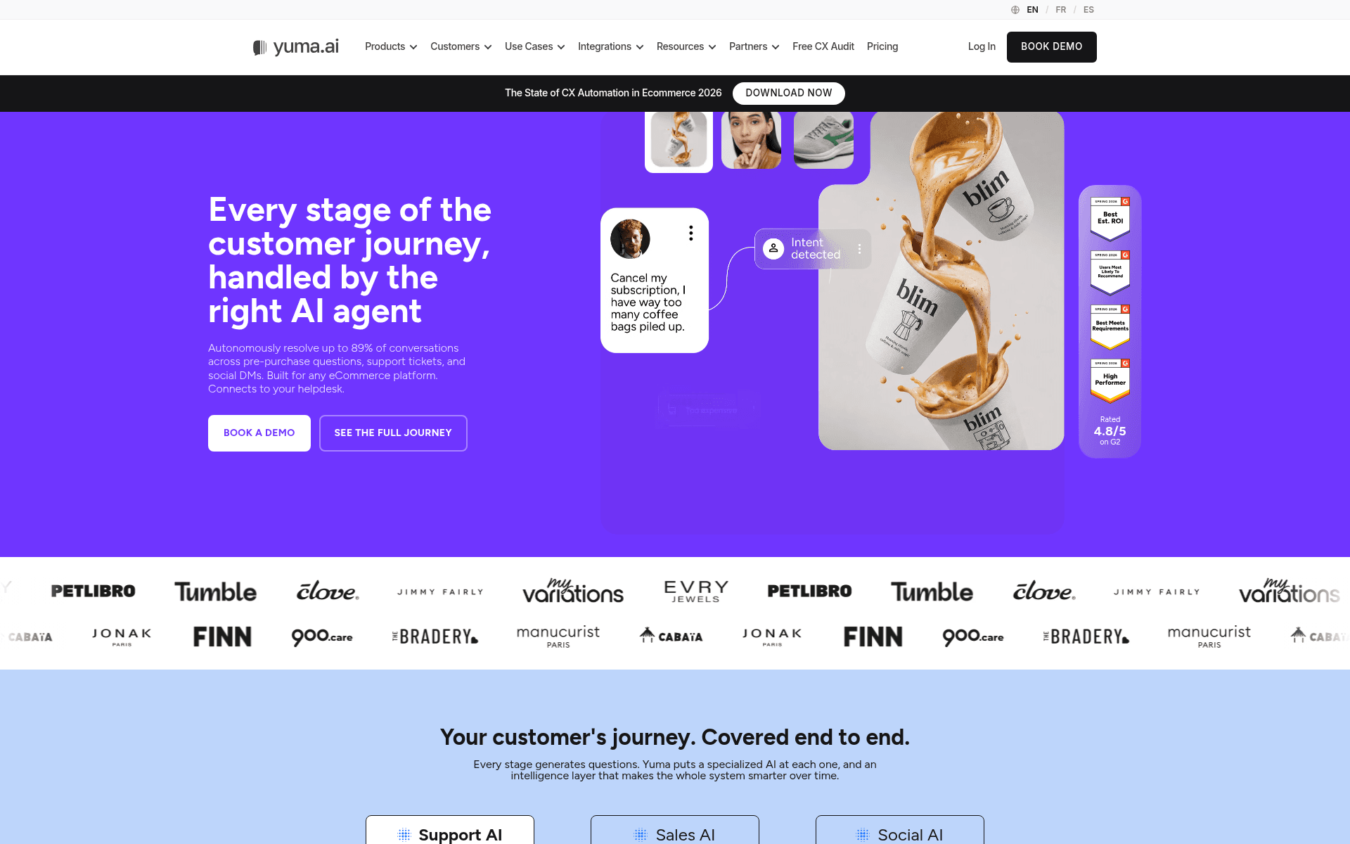 Yuma AI homepage showing its AI agent for ecommerce support
