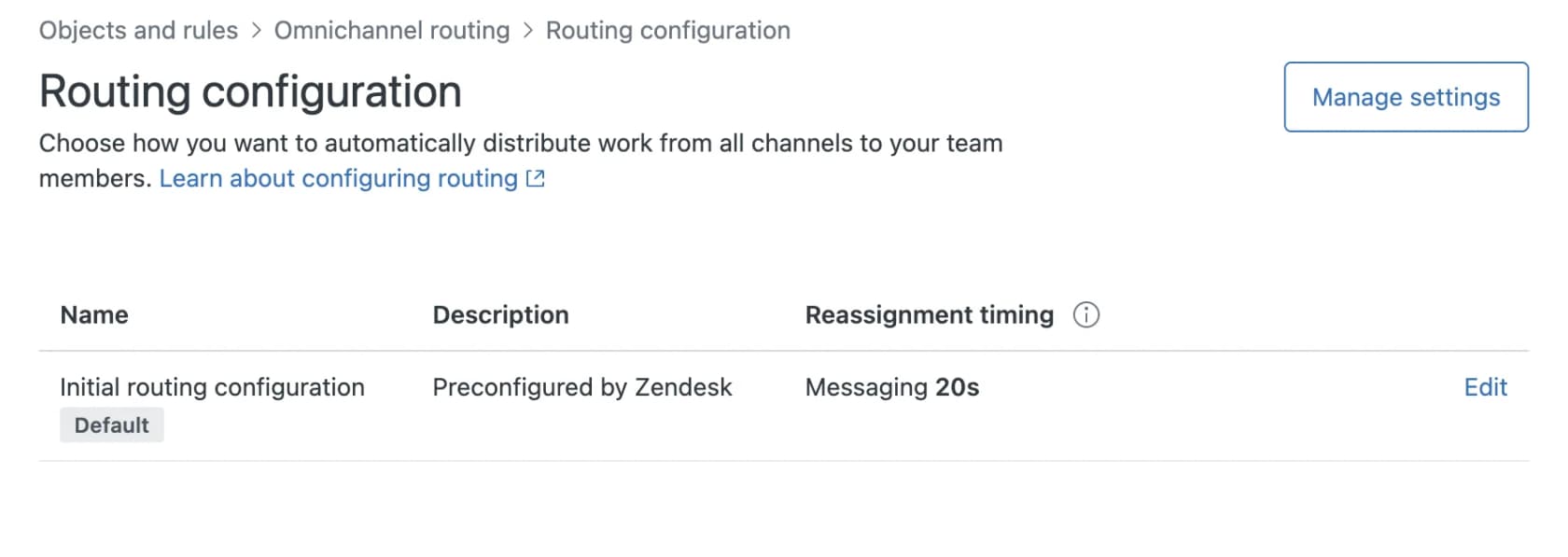 Zendesk Admin Center routing configuration page showing the default initial routing configuration with messaging reassignment timing of 20 seconds, as taken from Zendesk's routing configuration docs