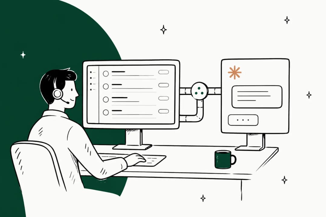 Illustration of a support agent with a Zoho Desk ticket list on one screen and a Claude assistant panel on the other, joined by a data pipe
