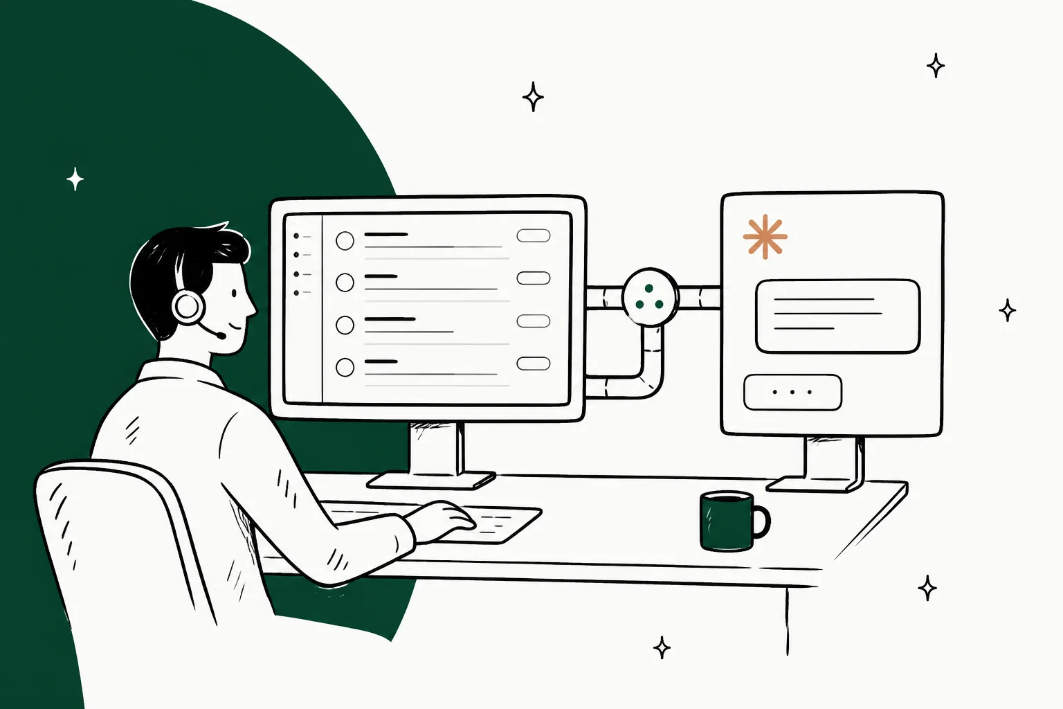 Illustration of a support agent with a Zoho Desk ticket list on one screen and a Claude assistant panel on the other, joined by a data pipe