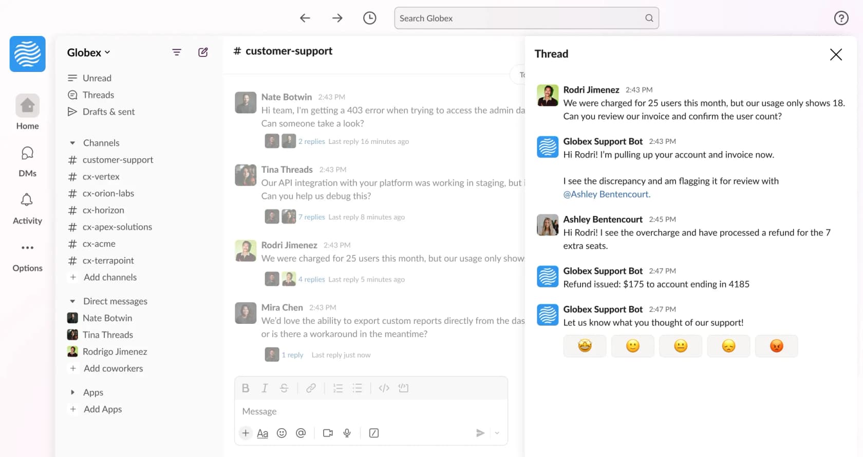 Unthread's marketing view of a customer support conversation running inside a Slack channel, with a support bot handling an invoice query in-thread, as taken from Unthread