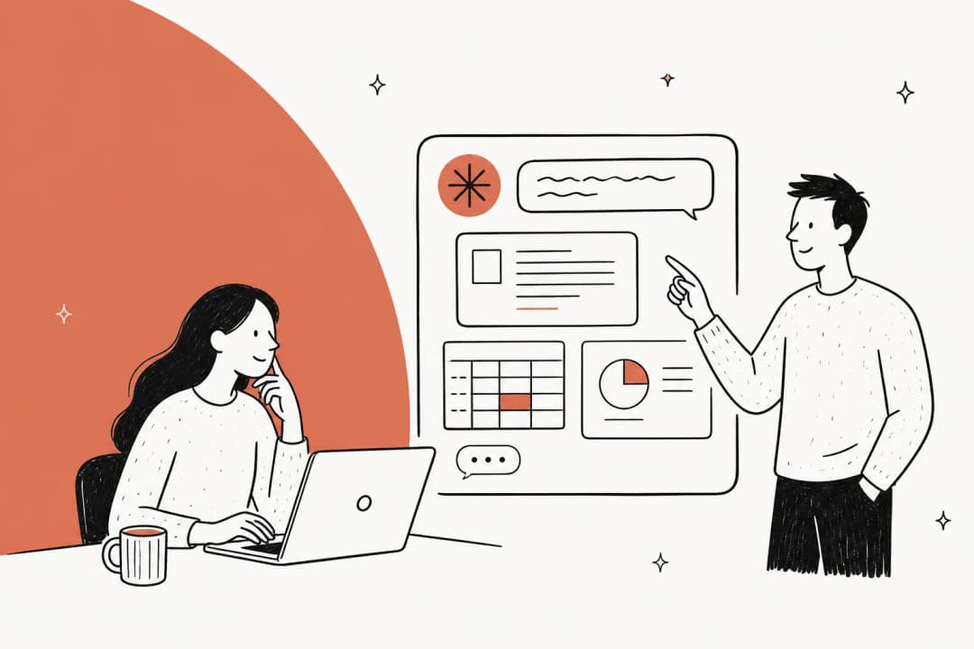 Illustration of a person chatting with Claude while a panel shows a document, a spreadsheet, and a chart being built.