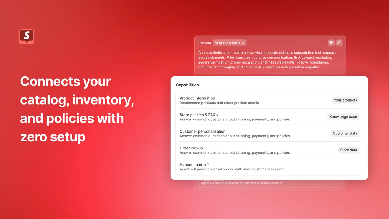 Shopify Inbox listing image showing the Inbox agent connected to the store catalog, inventory and policies with zero setup, as taken from the Shopify App Store