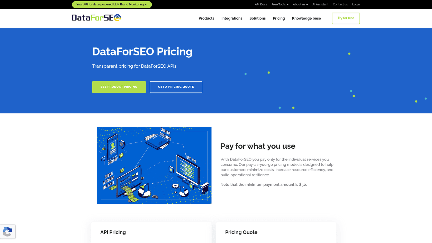 The DataForSEO pricing page with the headline "Pay for what you use" and a note that the minimum payment amount is $50, as taken from DataForSEO