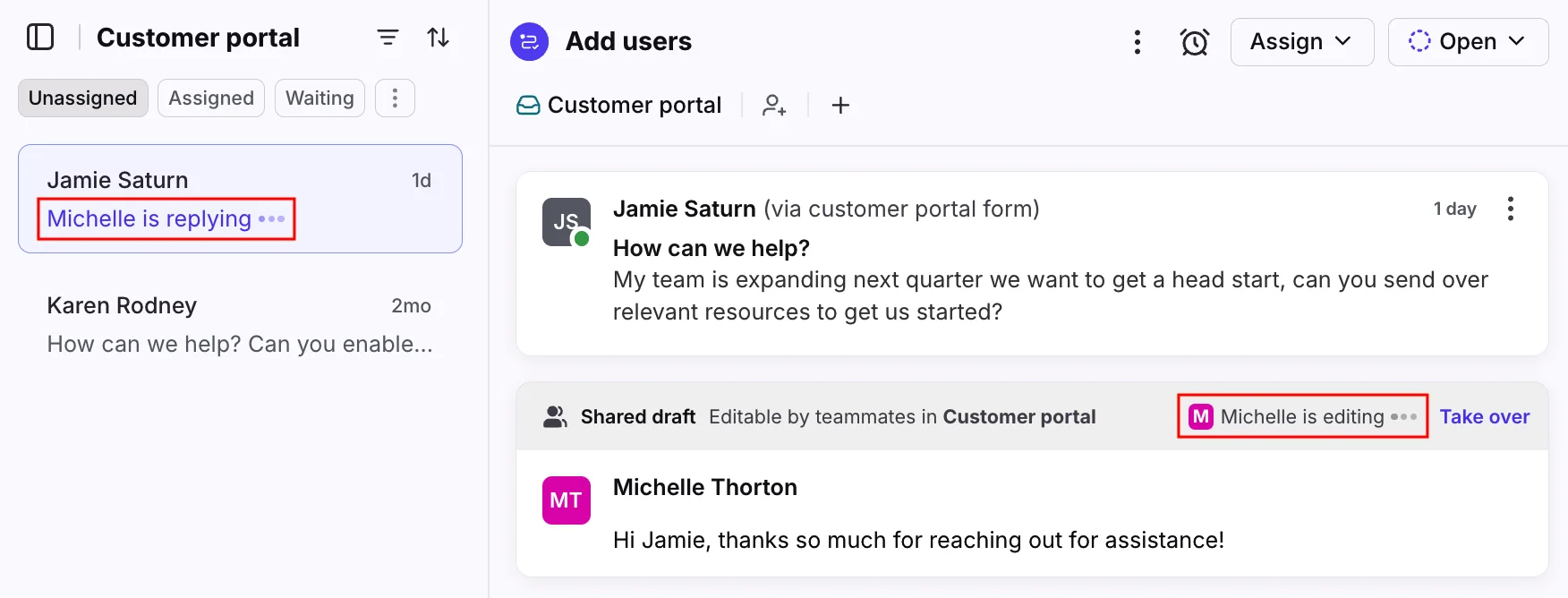 Front shared inbox showing a conversation in the Unassigned tab marked Michelle is replying, and a shared draft banner reading Michelle is editing with a Take over option, as taken from Front's collision detection docs