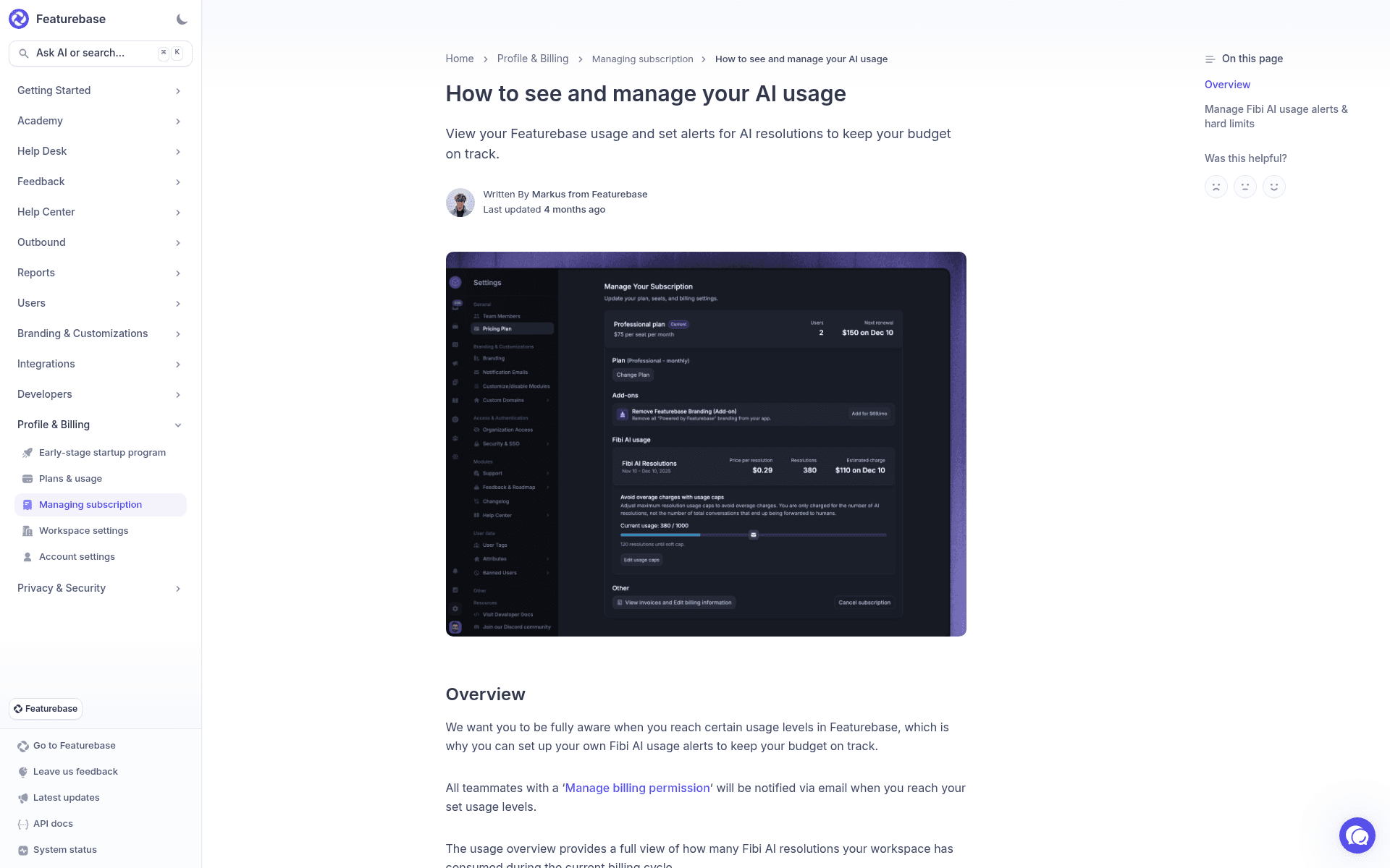 The Featurebase billing screen showing a Professional plan at $75 per seat per month, the $69 branding add-on, and a Fibi AI resolutions meter, as taken from Featurebase help docs