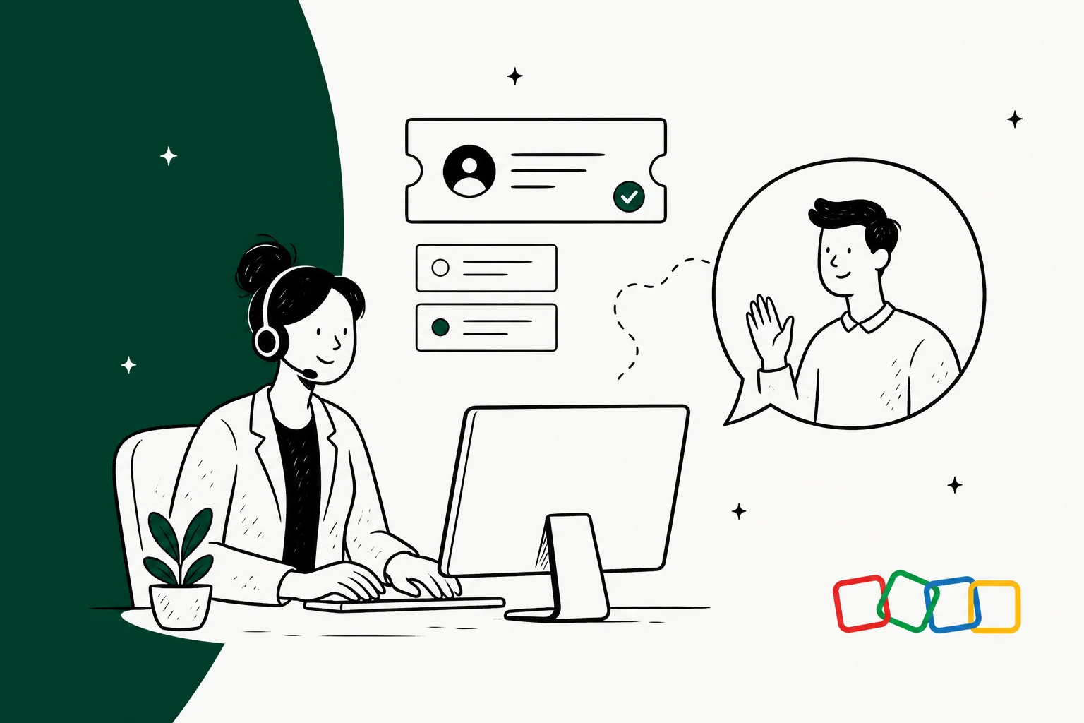 Illustration of a support agent working a ticket queue in the Zoho ticketing system