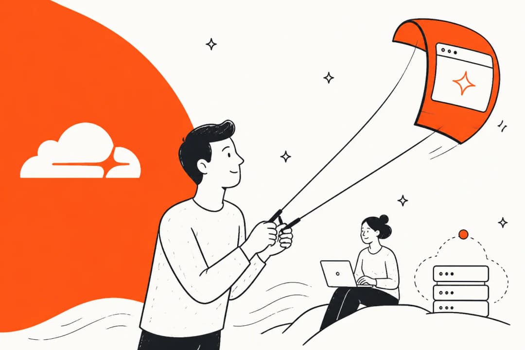 Hand-drawn illustration of a kitesurfer flying a browser window as a kite beside the Cloudflare cloud mark, with a small server stack on the shore