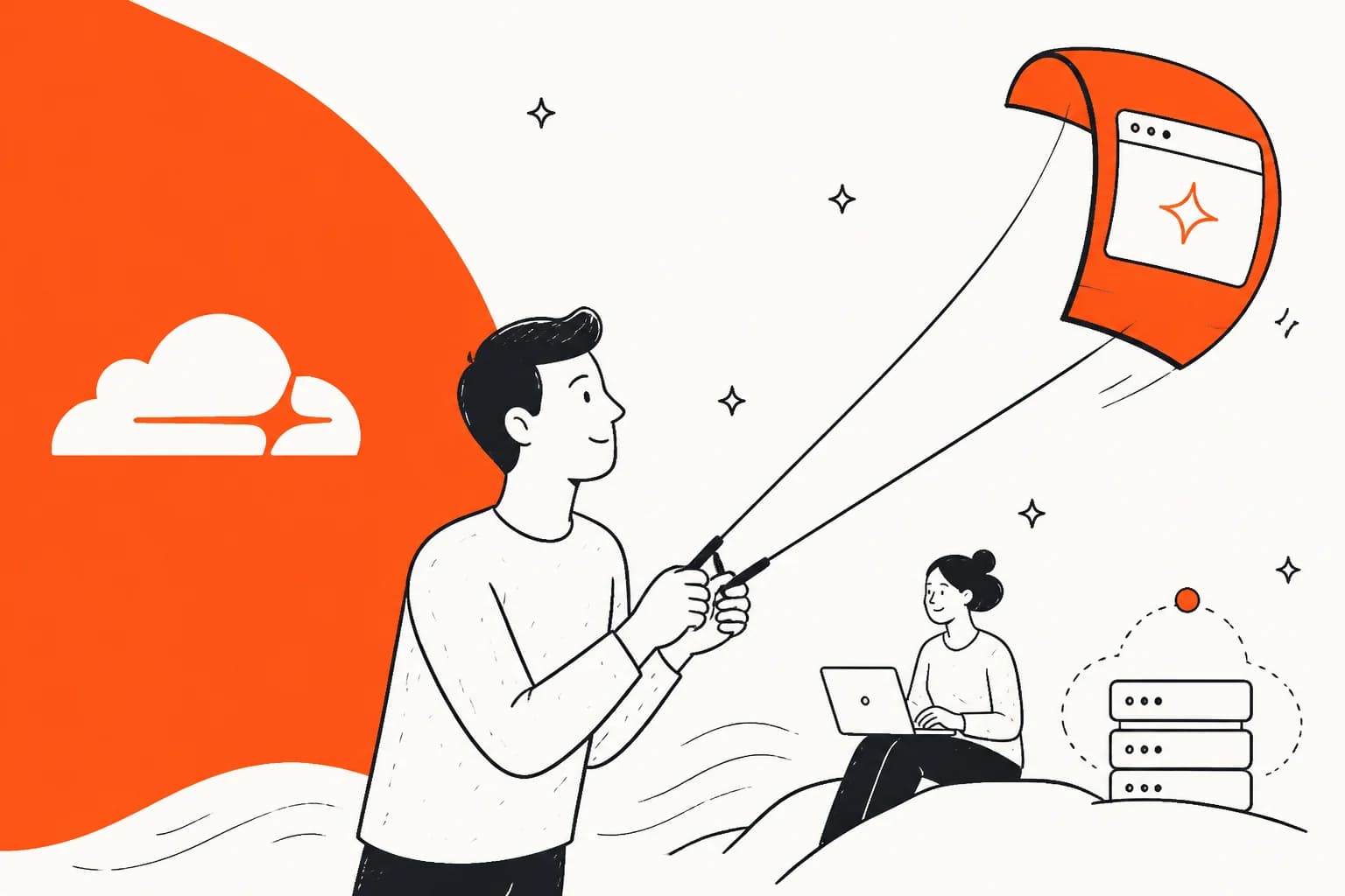 Hand-drawn illustration of a kitesurfer flying a browser window as a kite beside the Cloudflare cloud mark, with a small server stack on the shore