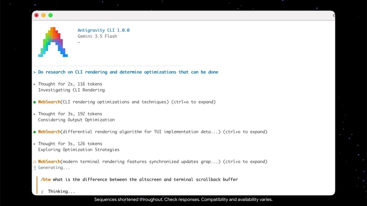Antigravity CLI running in a terminal, showing web search tool calls and a token count for its reasoning step, as taken from Google